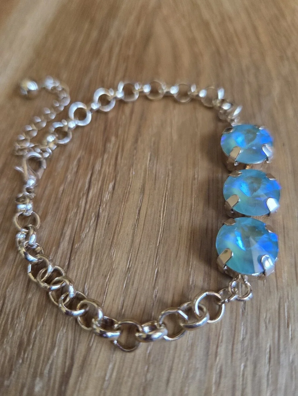 Blue / Green Sparkly Crystals Gold Rolo Chain Bracelet - Hand Crafted